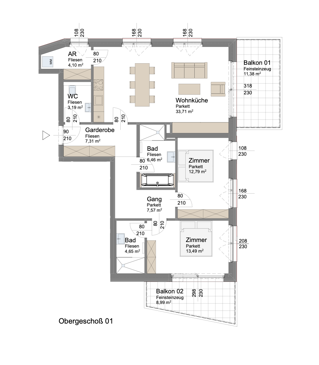 Grundriss Wohnung mit zwei Balkonen